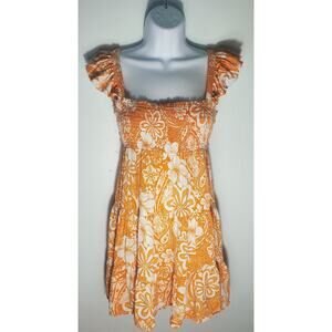 Island Blue Womens Orange White Smocked Flutter Mini Sundress Size Large Boho
